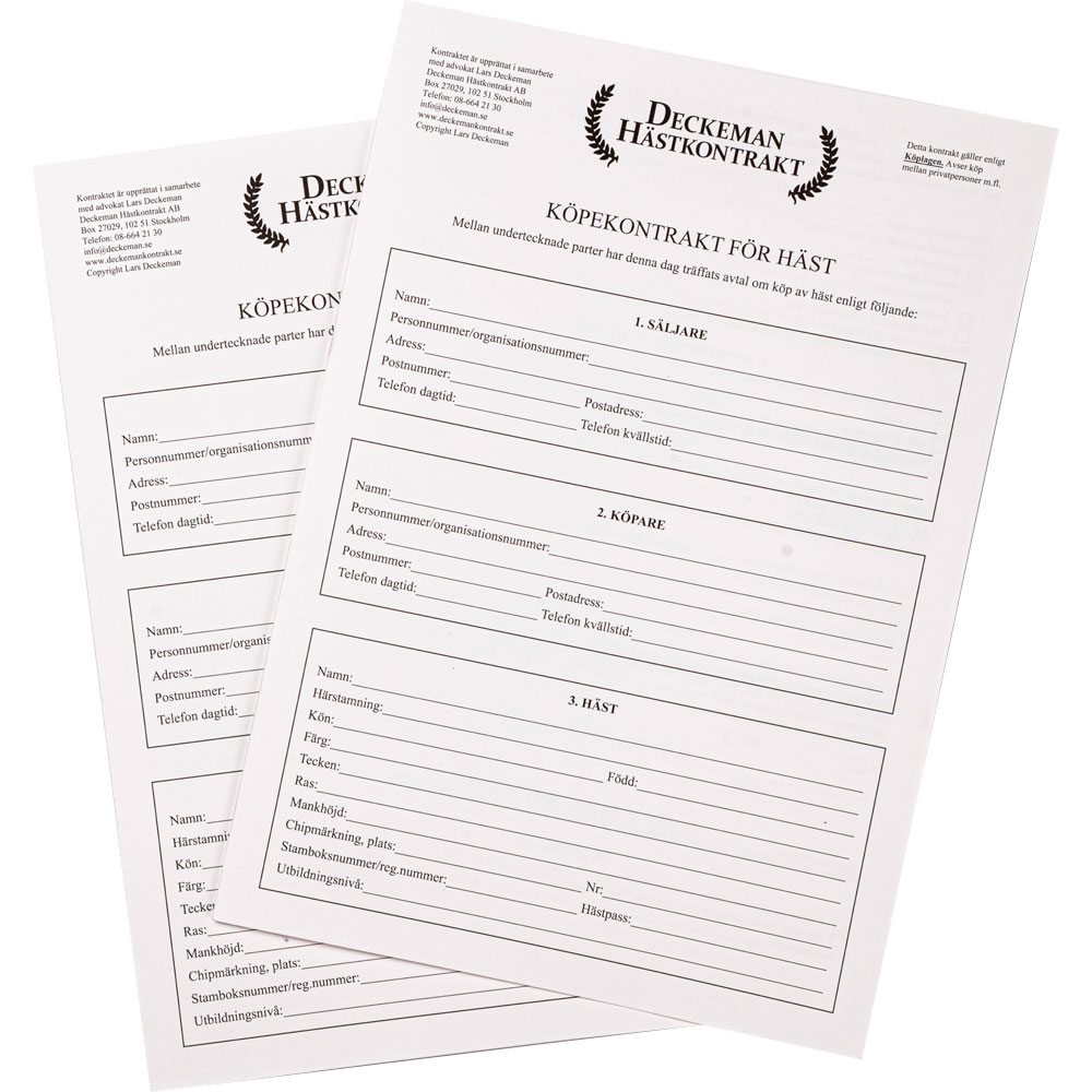 Kjøpekontrakt häst - mellan privatpersoner